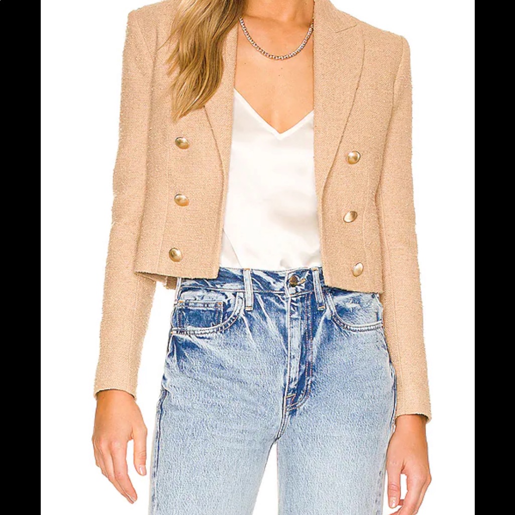 Stylish Tweed Cropped Blazer With Gold Buttons